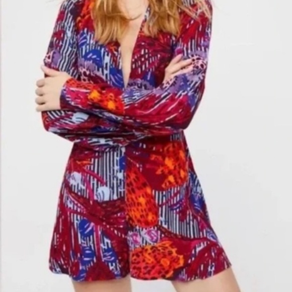 Free People Audrey Long Sleeve V-Neck Romper Red Boho Floral Print Size 2 - Picture 1 of 7